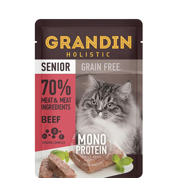 Senior Grain free Monoprotein Влажный корм Grandin (пауч) для пожилых кошек, патэ из нежного мяса говядины в желе, 85 гр.
