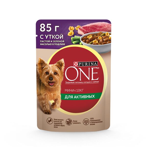 Влажный корм Purina One Mini для собак мелких пород с уткой, пастой и зеленой фасолью в подливе 85 г