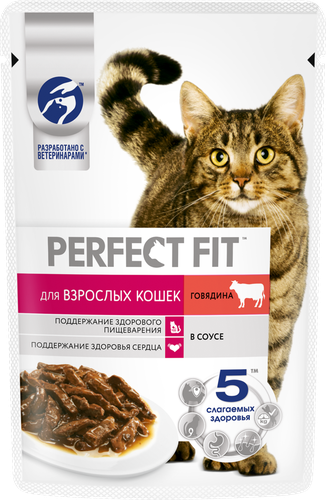

Влажный корм Perfect Fit для взрослых кошек Говядина в соусе 75 г