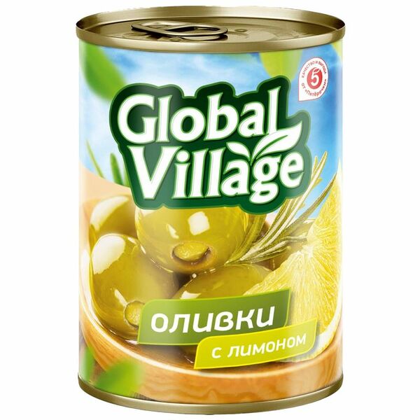 Оливки Global Village зелёные фаршированные лимоном пастеризованные 200 г