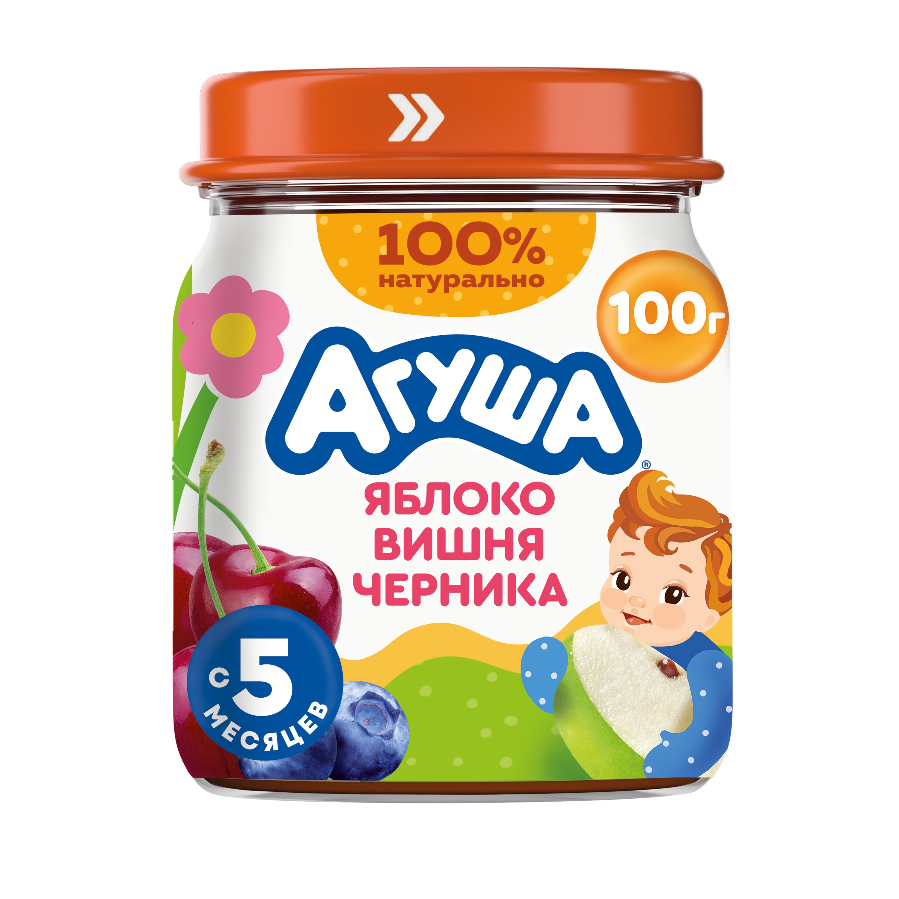 

Пюре фруктовое детское Агуша Яблоко-Черника-Вишня с 5 месяцев 100 г