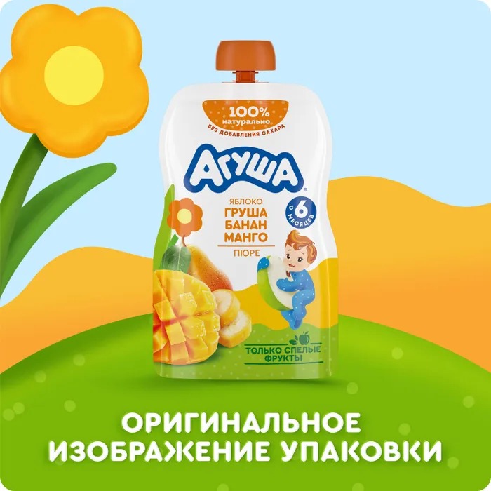 

Пюре фруктовое детское Агуша яблоко-груша-банан-манго в мягкой упаковке с 6 месяцев 90 г