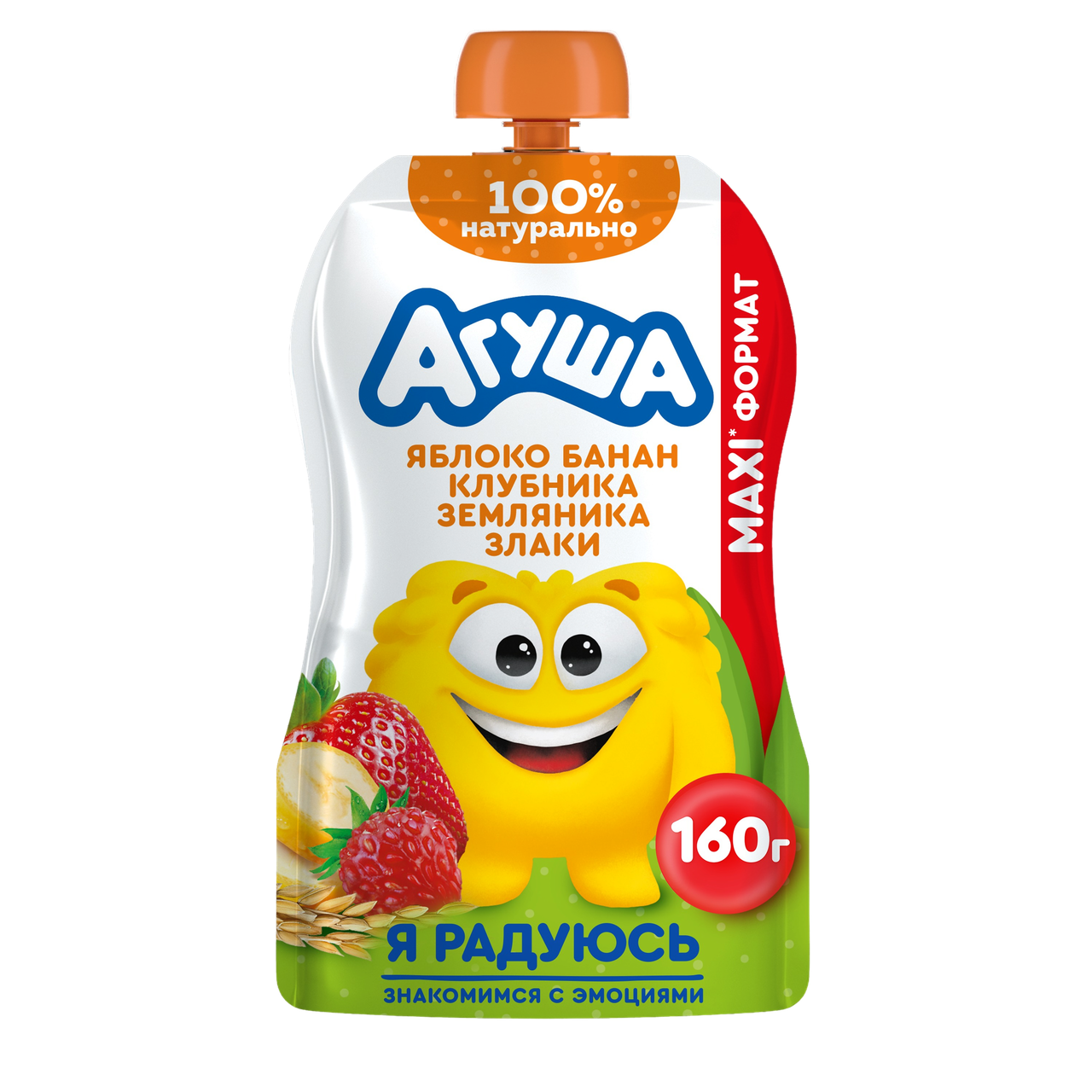 

Пюре фруктовое Агуша яблоко клубника банан земляника злаки с 8 мес. 160 г