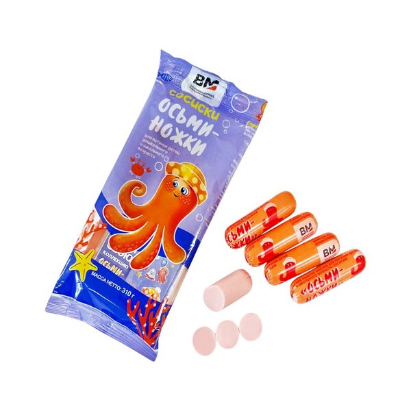 Колб изд мясн вар д/пит детей дошк и шк возраста сосиски Осьминожки в/с охл газ гофра 310г