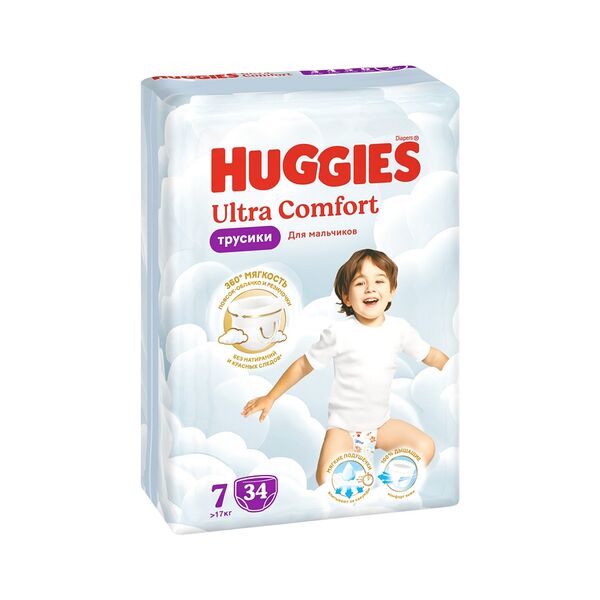Трусики-подгузники детские однораз Huggies Ультра Комфорт д/мальчиков Mega 7 (>17кг) 34шт