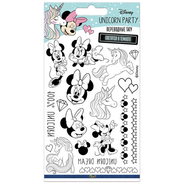 Наклейки-тату Priority Unicorn Party светящиеся переводные Минни Маус и Единорог