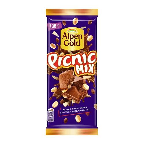 Молочный шоколад Alpen Gold Picnic Mix арахис изюм начинка из мягкой карамели вафель и воздушного риса 130 г