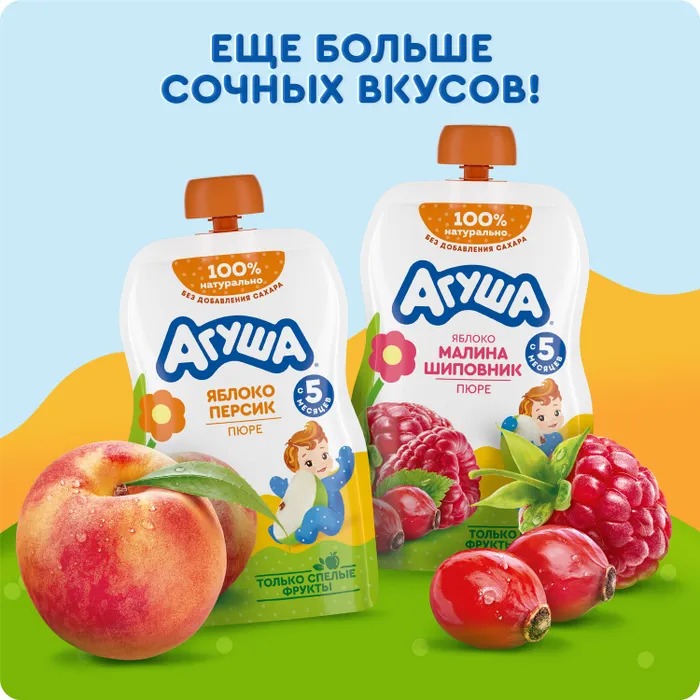 

Пюре фруктовое детское Агуша яблоко-груша-банан-манго в мягкой упаковке с 6 месяцев 90 г