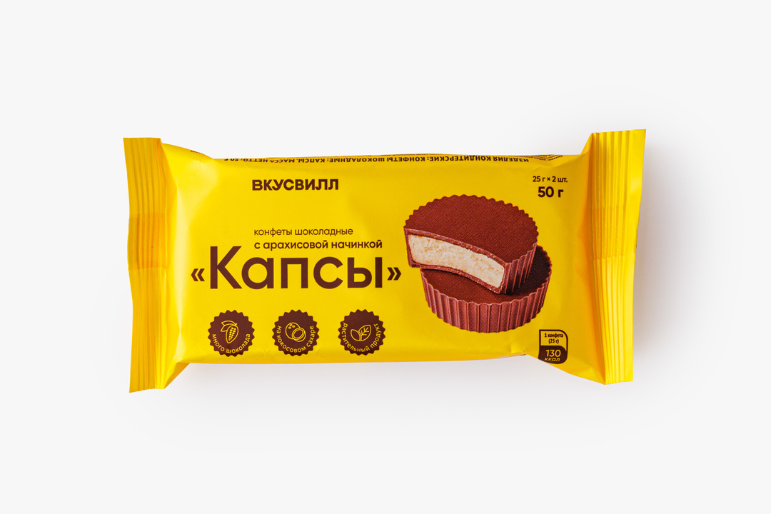 

Конфеты шоколадные ВкусВилл Капсы с арахисовой начинкой 50 г