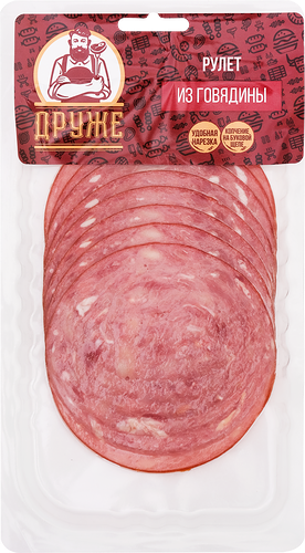 Рулет копчено-вареный Друже из говядины, нарезка, 80 г