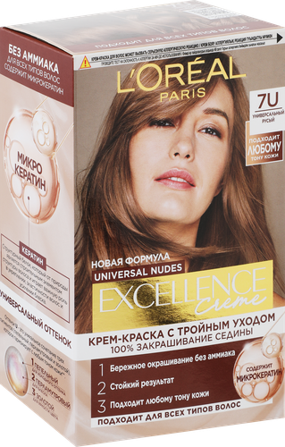 

Краска для волос L'Oreal Paris без аммиака Excellence Crème Универсальные Нюдовые Оттенки 7U универсальный русый 192 мл