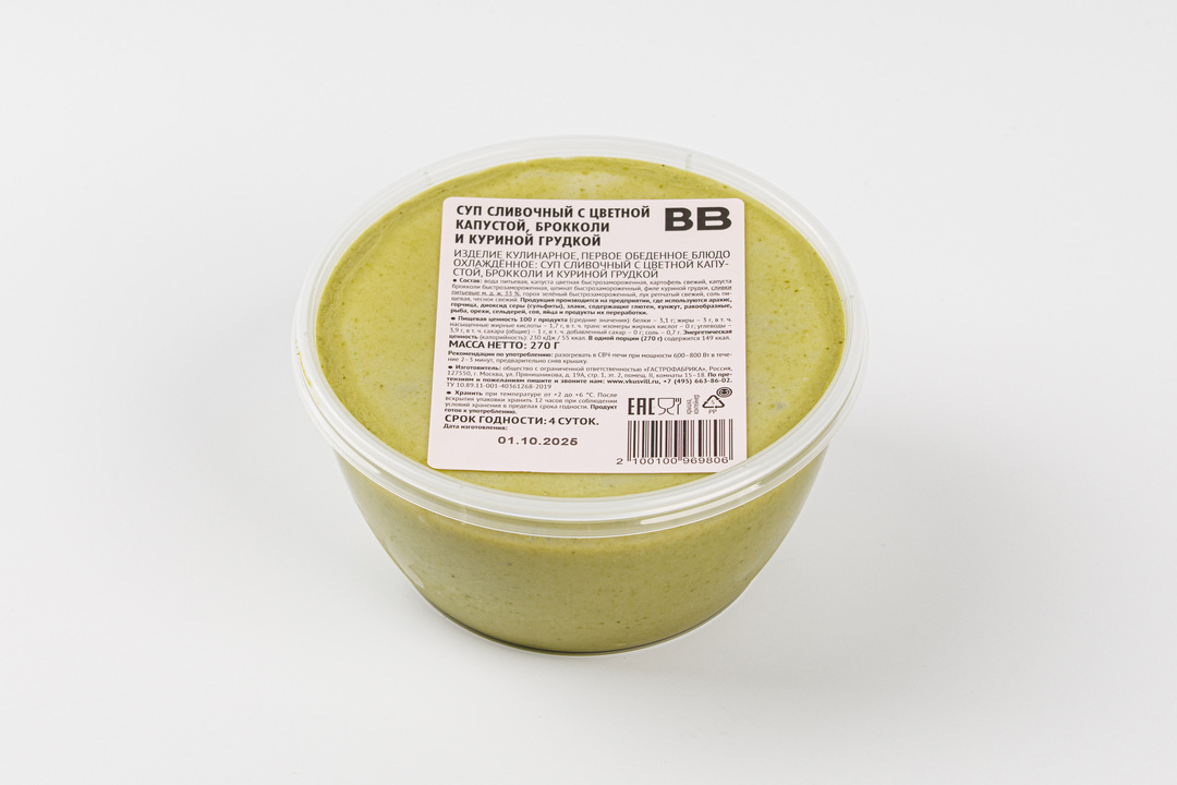 

Суп сливочный ВкусВилл с цветной капустой, брокколи и куриной грудкой 270 г