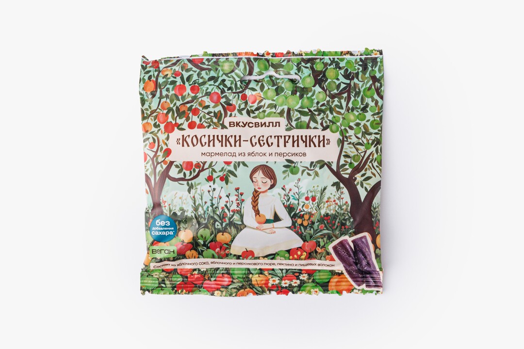 

Мармелад ВкусВилл Косички-сестрички из яблок и персиков, веган 45 г