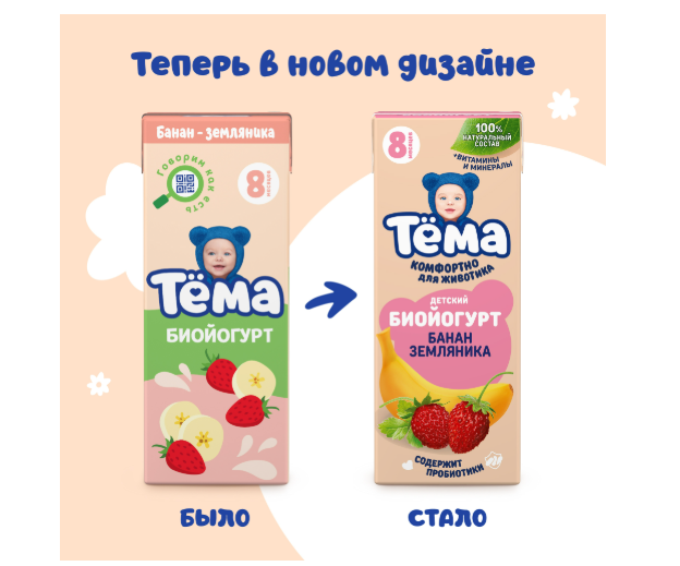 

Биойогурт питьевой Тёма Банан-земляника 2.8% 210 г дизайн упаковки в ассортименте