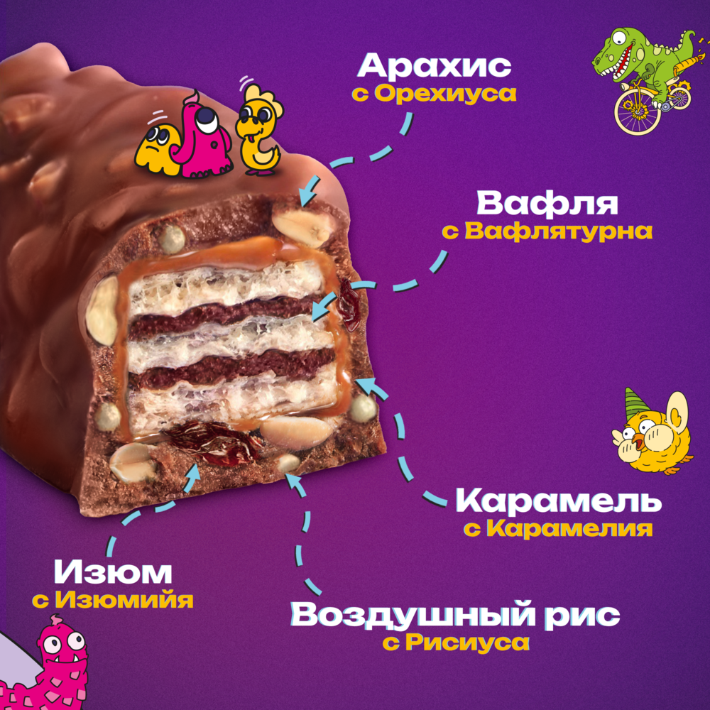 

Батончик Picnic Big конфета с арахисом и изюмом с начинкой из мягкой карамели вафель и воздушного риса покрытая молочным шоколадом 76 г