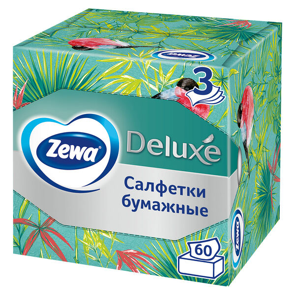 Салфетки бумажные в коробке Zewa Deluxe Арома Коллекция 3 слоя 60 шт дизайн в ассортименте