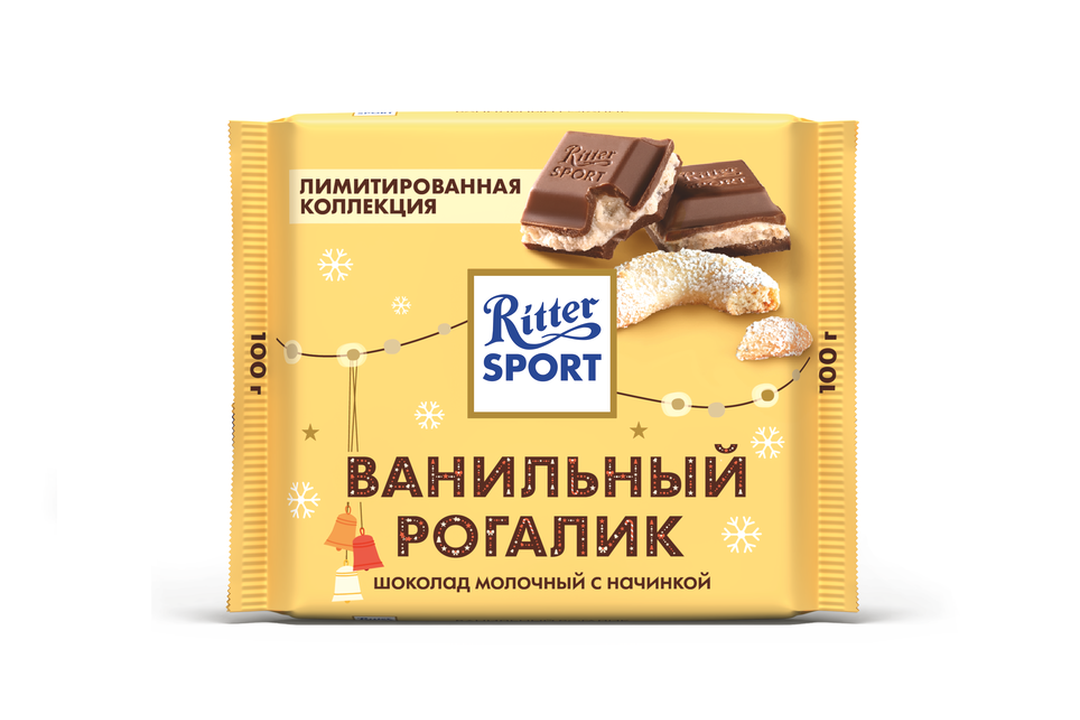 

Шоколад молочный Ritter Sport Ванильный рогалик с начинкой с миндальным кремом и ванильным печеньем 100 г