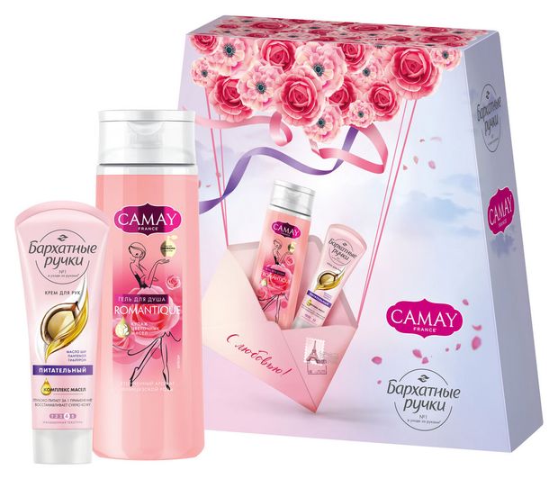 

Набор подарочный женский: гель для душа Camay 250 мл 1 шт., крем для рук Бархатные ручки 80 мл 1 шт. дизайн упаковки в ассортименте