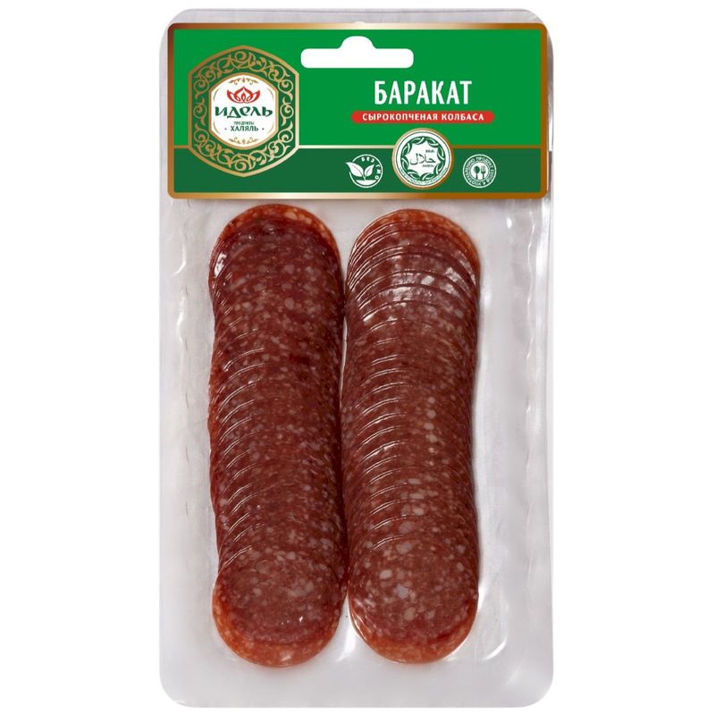 

Колбаса Идель Баракат из мяса цыплёнка сырокопчёная Первый сорт охлаждённая 80 г