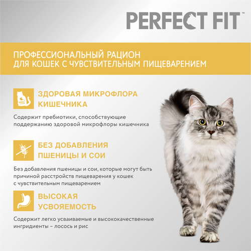 

Сухой корм Perfect Fit Sensitive Лосось для взрослых кошек с чувствительным пищеварением 650 г