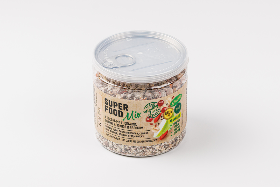 

Смесь семян Super Food Mix с овсяными хлопьями, сушеным бананом, клюквой, яблоком и миндалем, 250 г