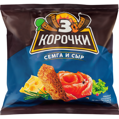 Сухарики ржаные Три корочки Семга с сыром 100 г дизайн упаковки в ассортименте