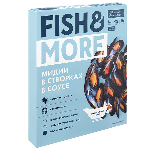 Мидии Fish&More варено-мороженые в створках в соусе из белого вина 500 г