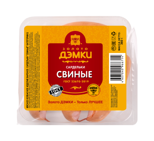

Сардельки Золото Дэмки свиные категории Б 360 г