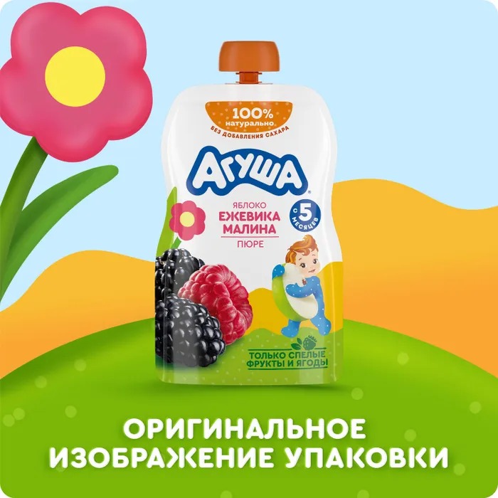 

Пюре фруктово-ягодное детское Агуша Яблоко-ежевика-малина с 5 месяцев 90 г