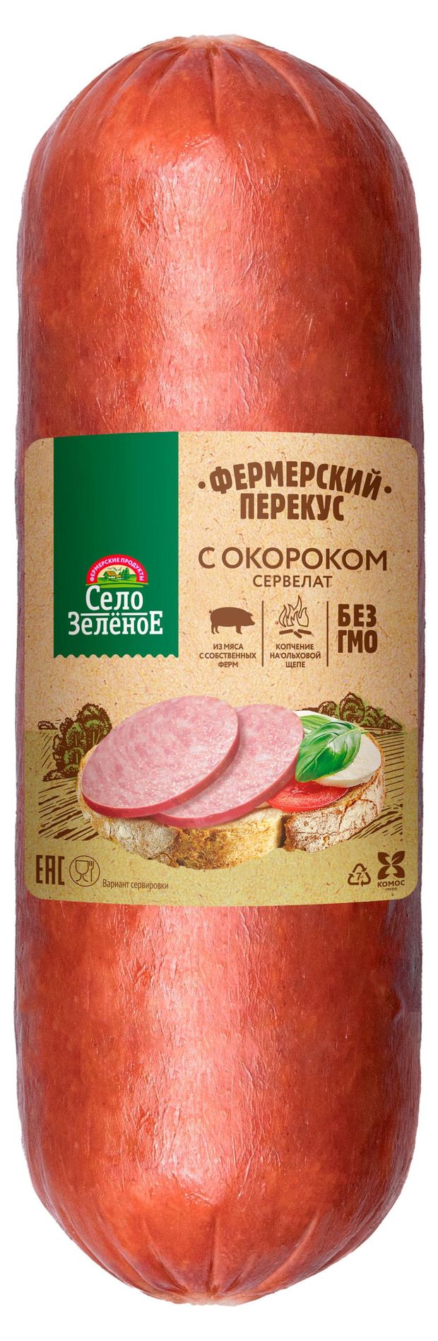 

Колбаса варено-копченая Село Зелёное Фермерский перекус Сервелат с окороком 350 г