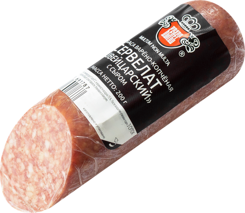 

Колбаса варено-копченая Велес Сервелат Швейцарский с сыром 200 г