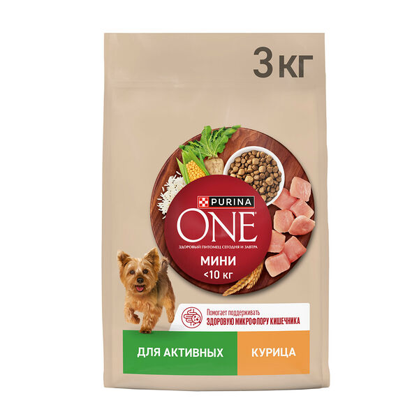Сухой корм Purina One для собак мелких пород с активным образом жизни, с высоким содержанием курицы и с рисом 3 кг