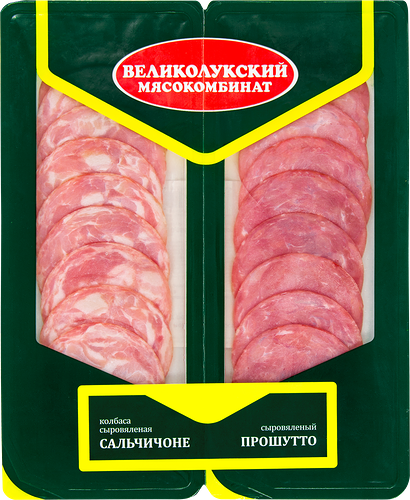 Колбаса Великолукский Мясокомбинат Сальчичоне сыровяленая и Прошутто нарезка 100 г