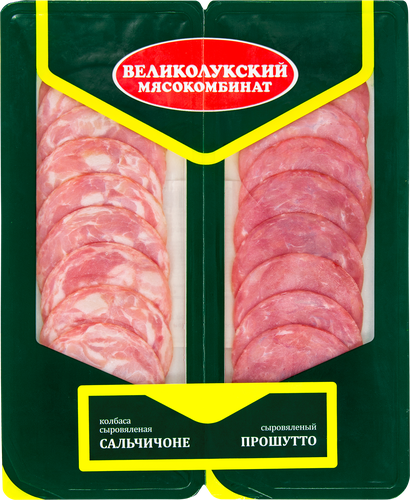 

Колбаса Великолукский Мясокомбинат Сальчичоне сыровяленая и Прошутто нарезка 100 г
