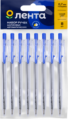 Набор шариковых ручек ЛЕНТА, синий, автоматические, 8шт