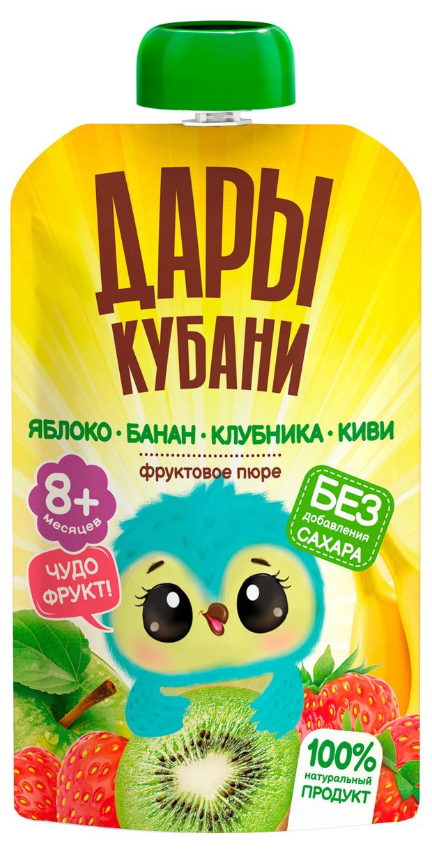 

Пюре фруктовое Дары Кубани из яблок, бананов, клубники и киви 90 г