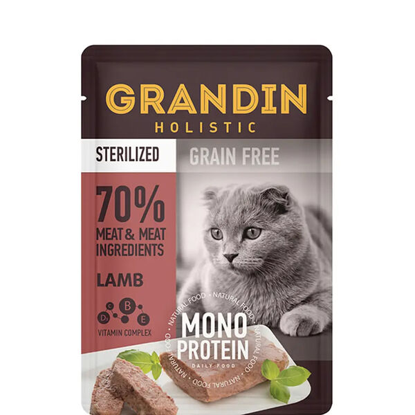 Sterilized Grain free Monoprotein Влажный корм Grandin (пауч) для взрослых стерилизованных кошек, патэ из нежного мяса ягненка в желе, 85 гр.