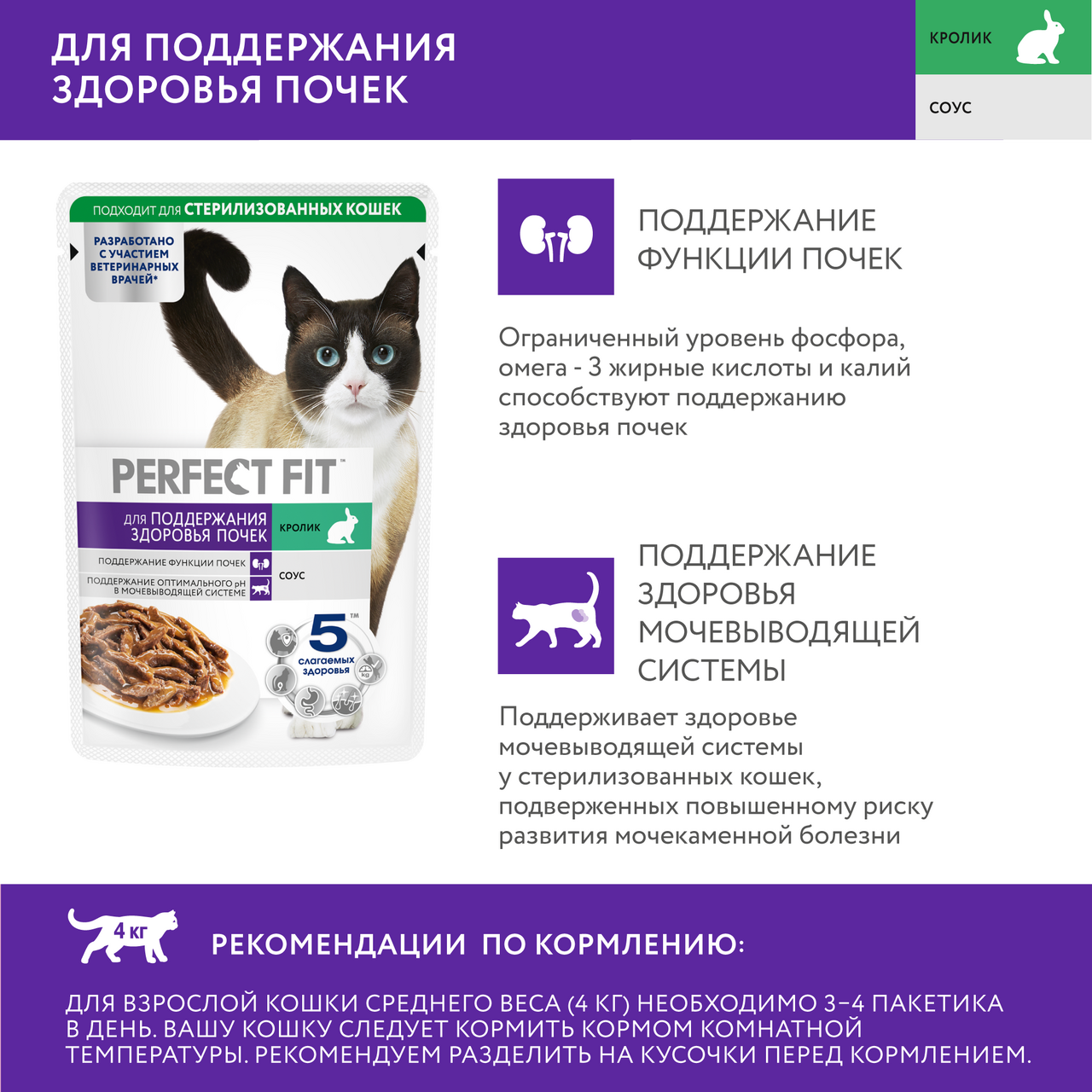 

Влажный корм для кошек Perfect Fit Здоровье почек с кроликом 75 г