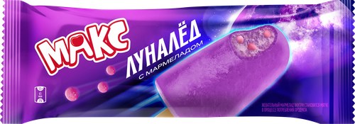 

Мороженое Max Фруктовый лед со вкусом земляники с мармеладом бабл-гам Луналед 55 г