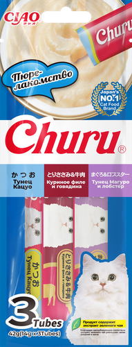 

Лакомство для кошек Inaba Ciao Churu Тунец кацуо куриное филе и говядина тунец магуро и лобстер 42 г