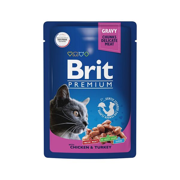 Корм д/взрос кошек пауч с цыпленком и индейкой в соусе Brit Premium Cat Adult 85г