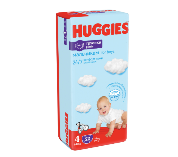 

Трусики-подгузники Huggies для мальчиков № 4 9-14 кг 52 шт. дизайн упаковки в ассортименте