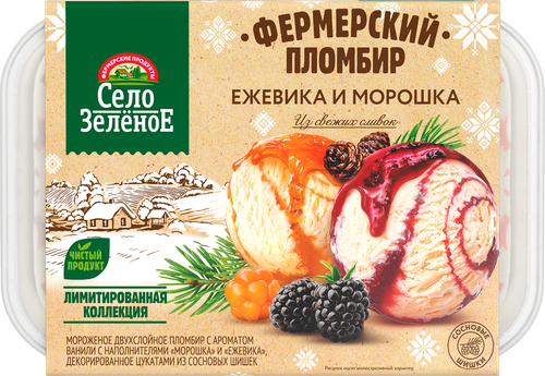

Мороженое пломбир Село Зелёное Ежевика, морошка с декоративными шишками 15% 450 г