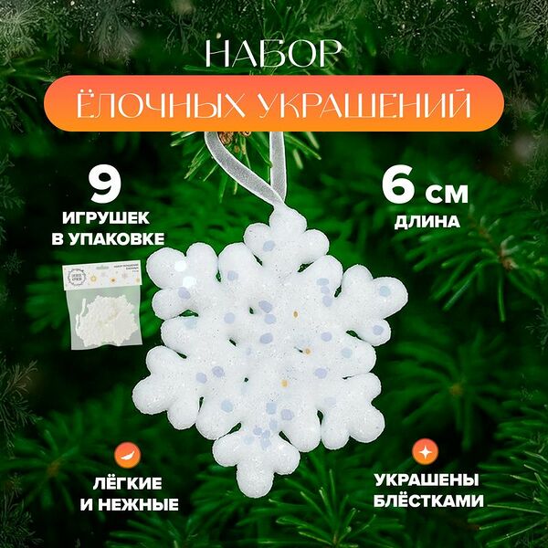Набор украшений ёлочных, Снежное кружево, 6 см, 9 шт., в ассортименте