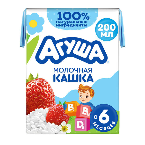 Каша жидкая Молочная Агуша Укрепляй-ка Рисовая Клубника-Земляника-Яблоко с 6 месяцев 200 мл