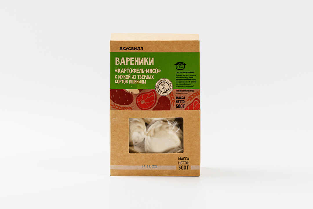 

Вареники ВкусВилл картофель-мясо с мукой из твёрдых сортов пшеницы заморозка 500 г