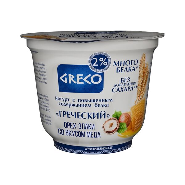 Йогурт с повыш сод белка GRECO Греческий с нап Орех-злаки со вкусом мёда 2% 230г стакан
