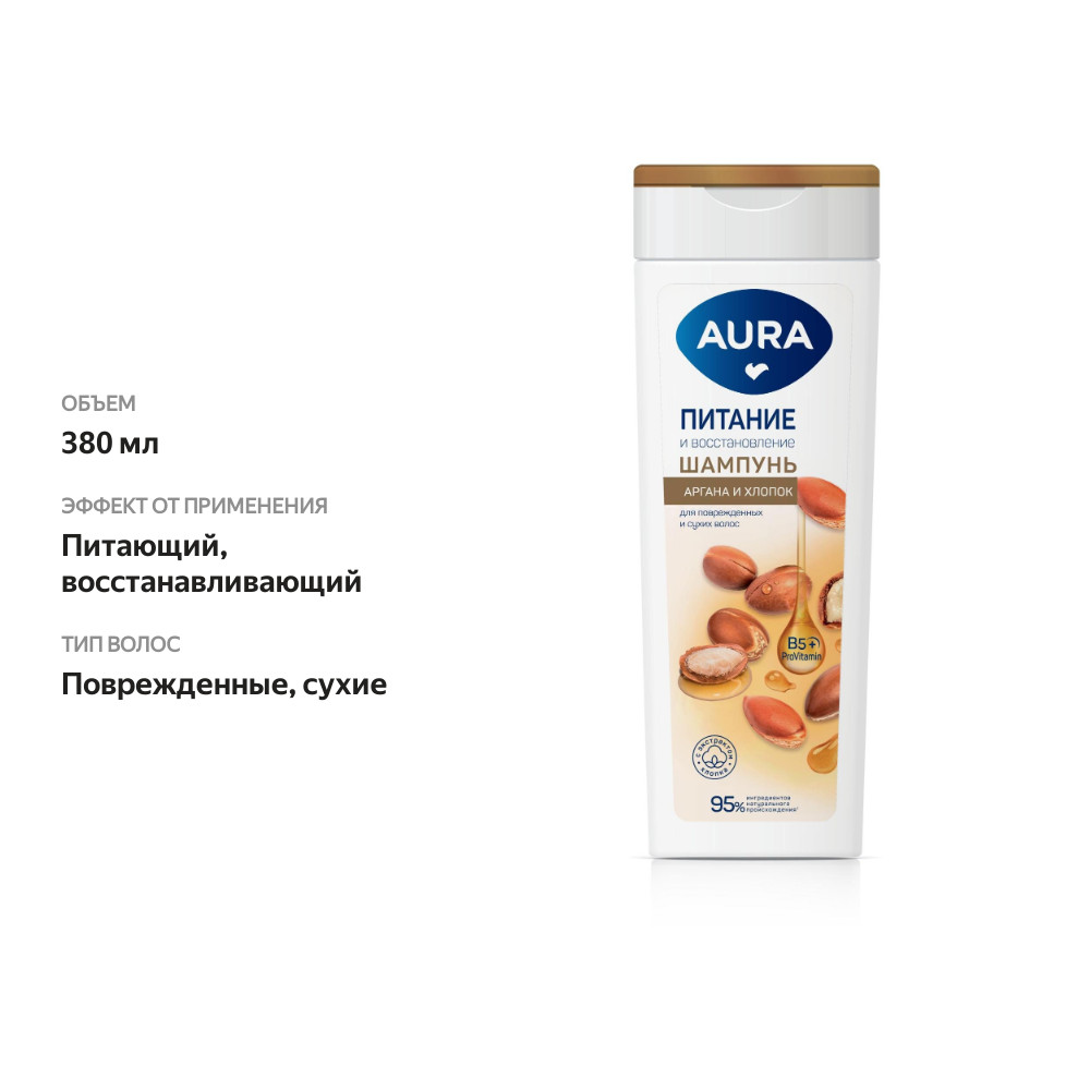 

Шампунь Aura Питание и восстановление аргана и хлопок для поврежденных и сухих волос 380 мл