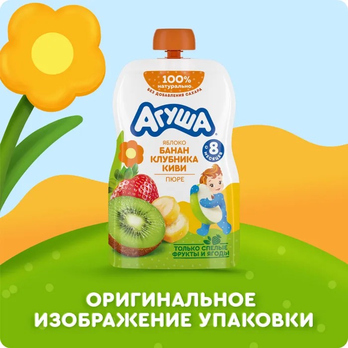 

Пюре фруктово-ягодное детское Агуша Яблоко-банан-клубника-киви с 8 месяцев 90 г