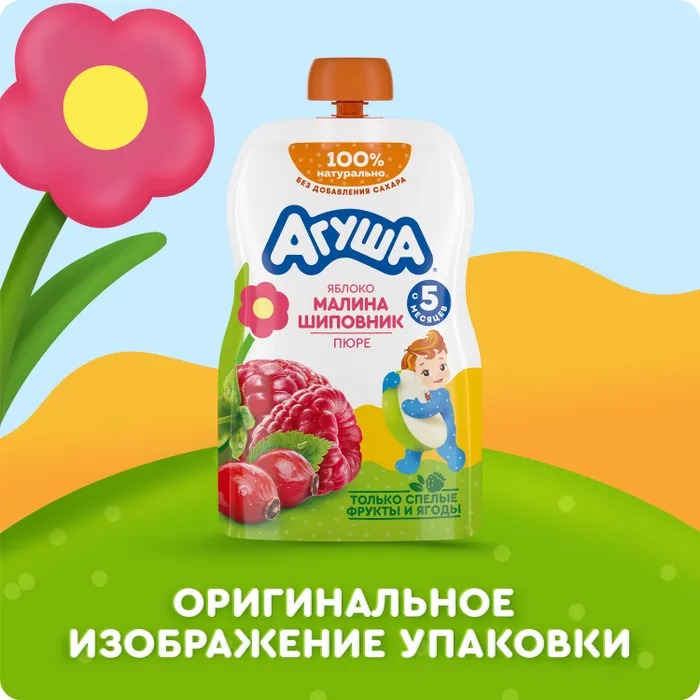 

Пюре фруктово-ягодное детское Агуша Яблоко-малина-шиповник с 5 месяцев 90 г